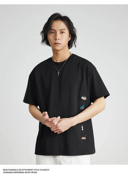 Men's American Retro Short-sleeved T-shirt Men's 2026 Summer New Loose Half-sleeved Embroidered Round Neck Bottoming Shirt