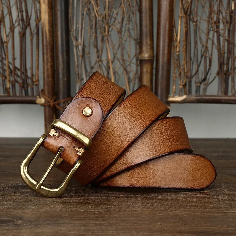 3.8CM  Pure Cowhide Genuine Leather for Men High Quality Jeans Brass Buckle Belts Cowboy Waistband Male Fashion Designer Luxury