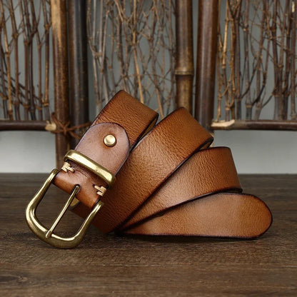 3.8CM  Pure Cowhide Genuine Leather for Men High Quality Jeans Brass Buckle Belts Cowboy Waistband Male Fashion Designer Luxury