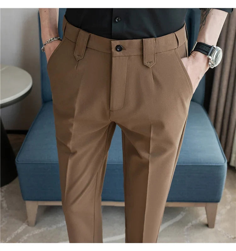 Elastic Waist Solid Color Suit Pants Men Formal Slim Fit Business Casual Trouser High Quality Social Wedding Fashion Dress Pant