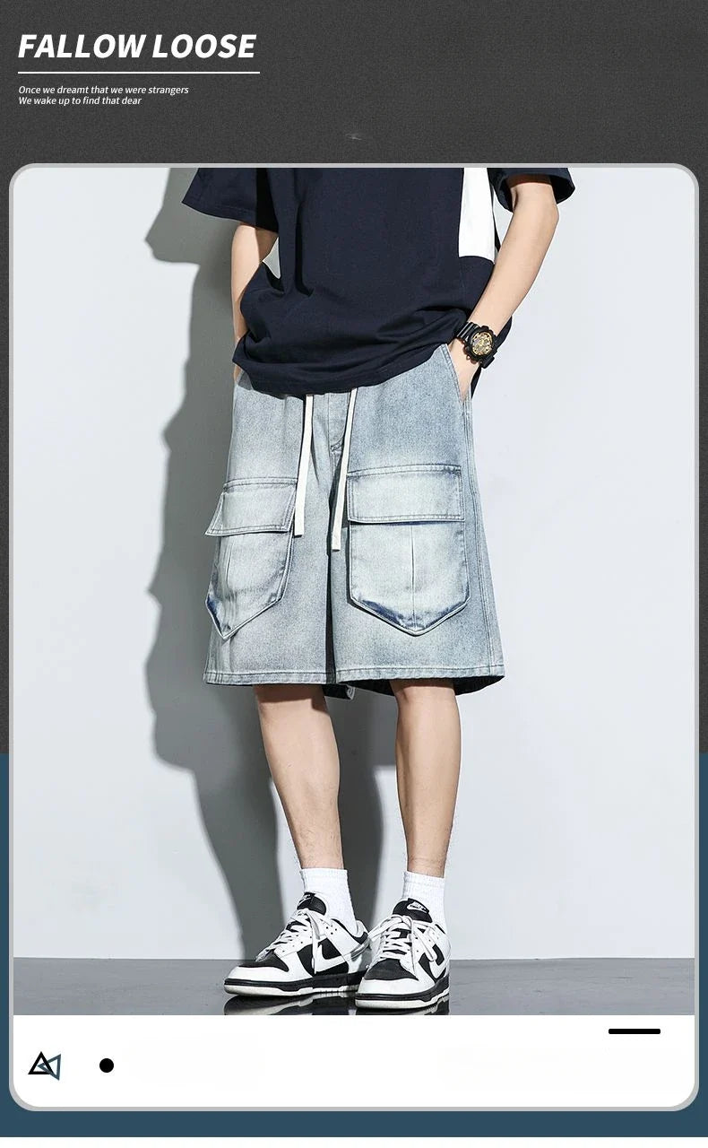 Bermuda Men's Denim Shorts Summer New Fashion Loose Jeans Casual Vintage Drawstring Cargo Short Pants Male Streetwear