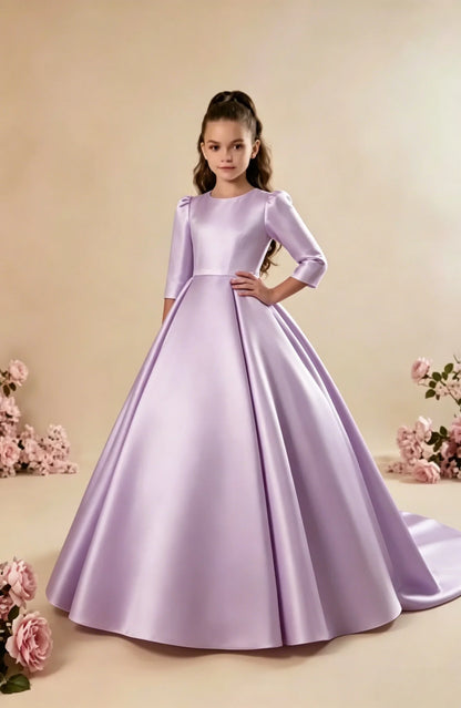 Custom Girls First Communion Dress 2025 New Long Sleeve Matte Satin A-Line Tail Evening Gown Girls Wedding Party Princess Dress