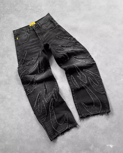 Mens Jeans Y2K Vintage Streetwear Black Wide Leg Denim Pants Ripped Patchwork Raw Hem Distressed Loose Fit Dark Punk Fashion
