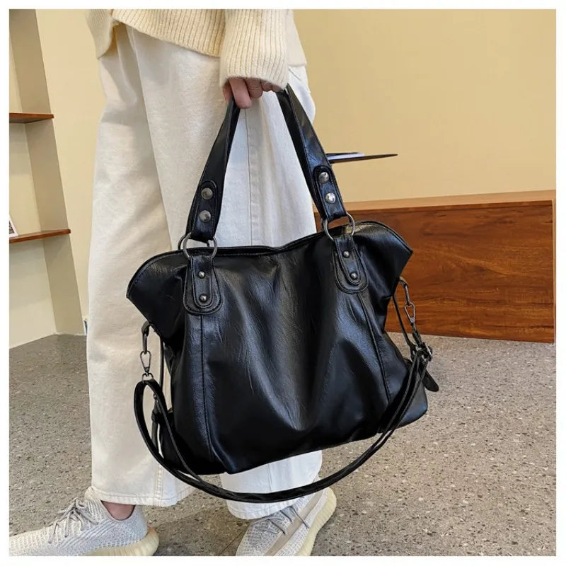 Capacity Black Shoulder Bags For Women Large Shopper Bag Solid Color Soft Leather Crossbody Handbag Travel Tote Bag