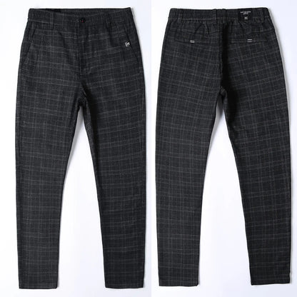 Autumn New Men's Plaid Striped Business Casual Pants Classic Fashionable Straight Elastic Casual Trousers Black Gray Male