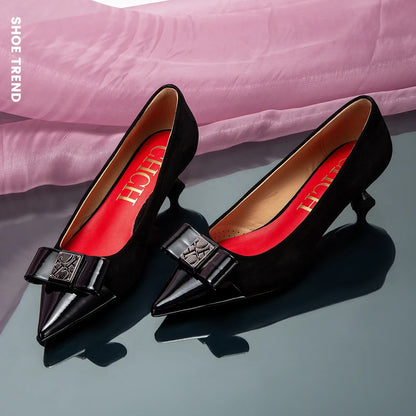 Women's Heeled Shoes Elegant Fashion Female Commuting Low Heeled Shoes British Style Patchwork Design Lady Pointed Shoes