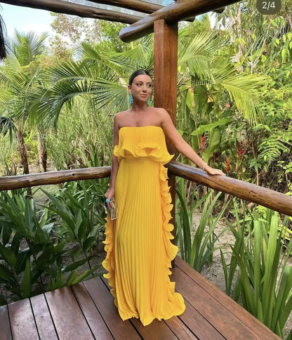 Trendy Women Summer Holiday Dress Orange Pleated Chiffon Long Formal Dresses Custom Made Ruffled Strapless Beach Party Dress