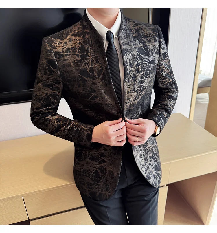 New Chinese Style Stand Up Collar Jacquard Suit Coats Men Slim Business Casual Fashion Suits Jacket Formal Social Party Tuxedos