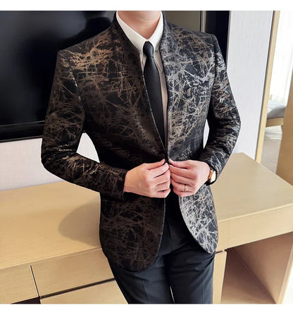 New Chinese Style Stand Up Collar Jacquard Suit Coats Men Slim Business Casual Fashion Suits Jacket Formal Social Party Tuxedos