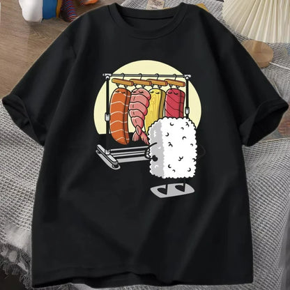Funny Sushi Graphic Print Tshirt Casual Loose Fit Tee Daily Streetwear Top for Women Men Short Sleeve T Shirt Fashion
