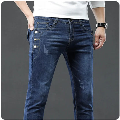 Classic Slim Vintage Fashion Men's Designer Jeans Snowflake Grey Wash Korean Fashion Stretch Pants Multi-button Denim Trousers