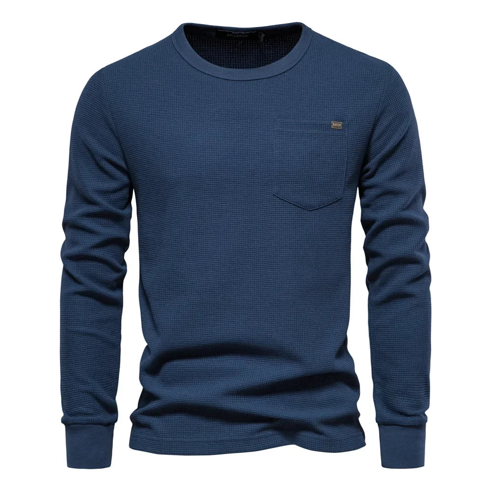 Men's Waffle Cotton Long Sleeve T-Shirt - Solid Color Single Pocket Design, Autumn Basic Breathable Top for Casual Outfits