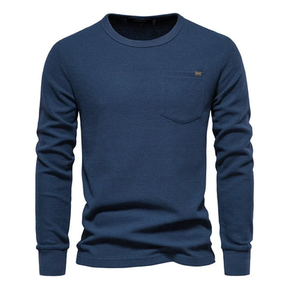 Men's Waffle Cotton Long Sleeve T-Shirt - Solid Color Single Pocket Design, Autumn Basic Breathable Top for Casual Outfits