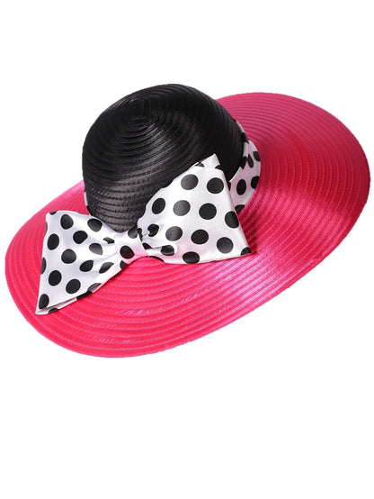 Elegant Women Wide Brim Rose Black Patchwork Polka Dots Kentucky Hat For Wedding Party Hat Big Bowknot Fedora Beach Cap