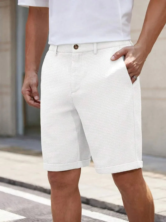 Men's Waffle Texture Slim Fit Shorts Solid Color Button Waist Summer Casual Outdoor Multi-Color Trousers