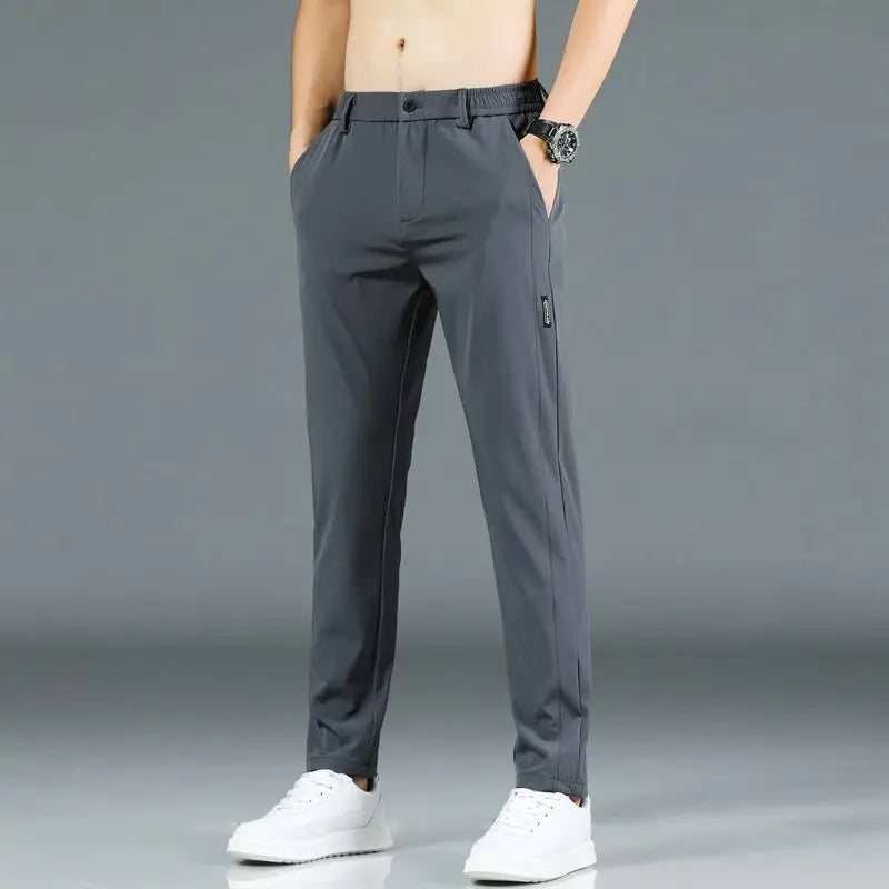 Ice silk men's pants 2026 summer new black gray thin business casual pants outdoor elastic breathable straight leg sports pants