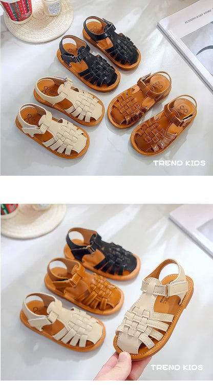 Toddler Sandals for Boys Cut outs Leather Shoes 2026 Summer Brand New Gladiator Sandals Weave Baby Boy Beach Shoes Flats H05096