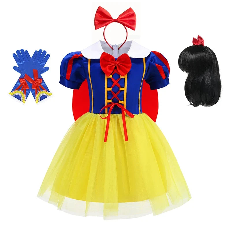 Girl Cosplay Disney Snow White Dress Kids Gown With Cloak Headband Children Princess Dress Up Costume Halloween Party Outfits