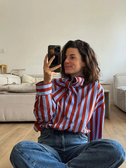 2026 New Women's Striped Shirt With Bow Tie Long Sleeve Loose Casual Blouse Female Fashion Tops