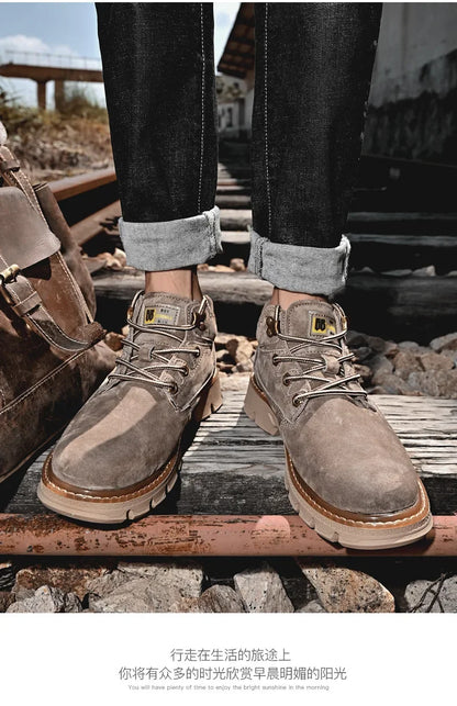 Men Genuine Leather Boots Men's English Style Thick Bottomed Work Clothes Shoes Winter Outdoor Mid Top Men's Boots