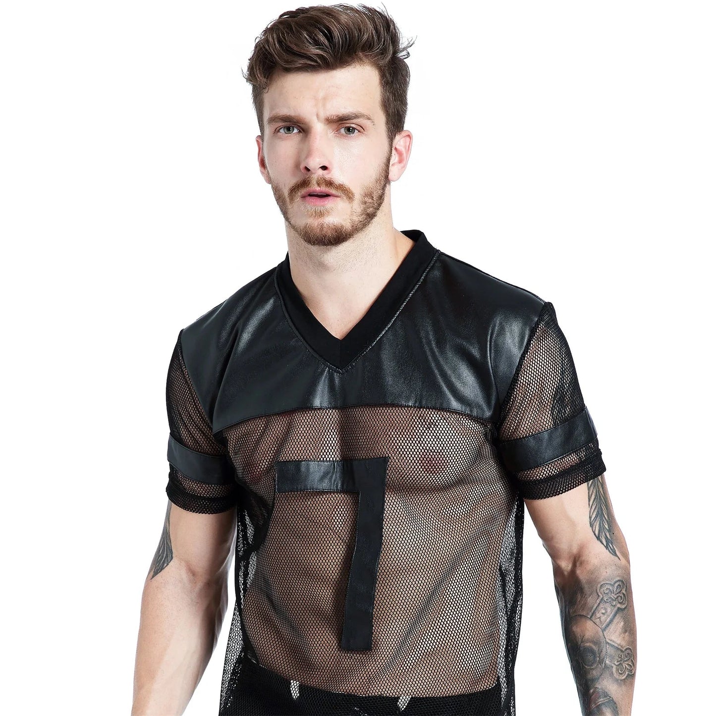 Sexy Men Fishnet T-Shirt PU Faux Leather Mesh Shirts See Through Tops Tee Transparent Short Sleeve Stage Clubwear
