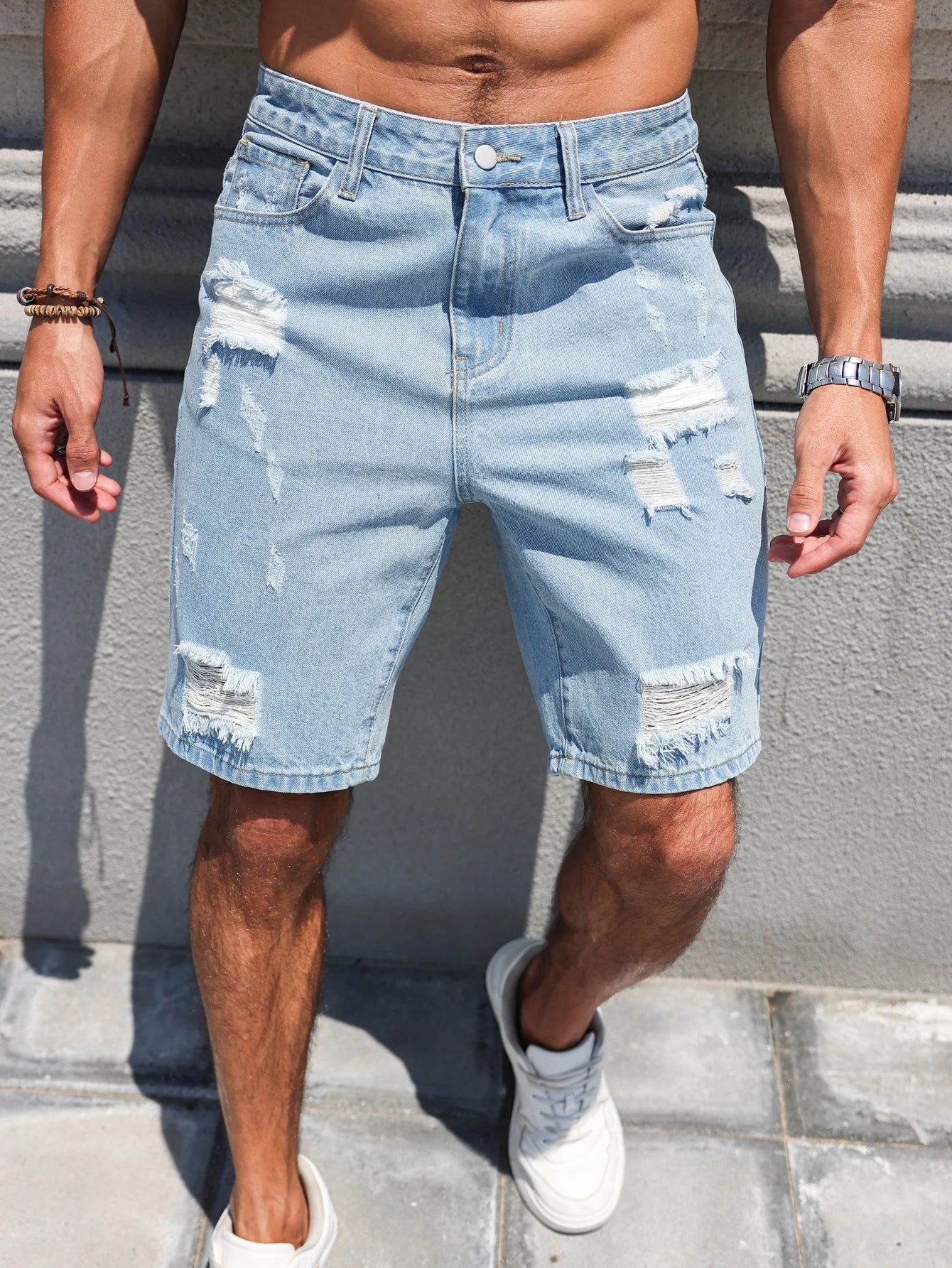 Hole-washed Water Buffalo Denim Short Pants - Men's Trendy Loose Straight Five-Piece Casual Shorts - Summer New Style