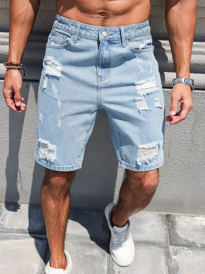 Hole-washed Water Buffalo Denim Short Pants - Men's Trendy Loose Straight Five-Piece Casual Shorts - Summer New Style