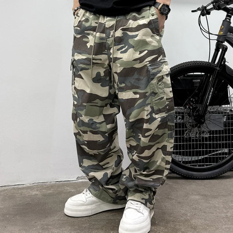 Vintage Camouflage Cargo Pants Men Tactical Multi Pocket Loose Fit Straight Leg Outdoor Casual High Quality Work Pants Trendy