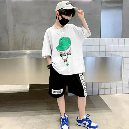 Summer Casual Boys Cotton Printed Short-Sleeved T-Shirt Tops+Short Pant Suit School Kids Tracksuit Children 2PCS Outfit 5-14 Yrs
