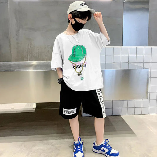 Summer Casual Boys Cotton Printed Short-Sleeved T-Shirt Tops+Short Pant Suit School Kids Tracksuit Children 2PCS Outfit 5-14 Yrs