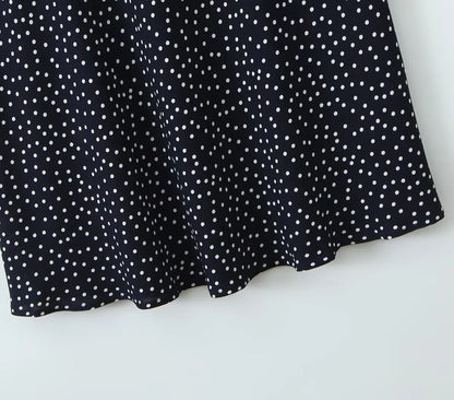 2025 Women Navy Blue Polka Dot Long Dress Lace Trim V Neck Short Sleeve A-line Elegant Holiday Dresses Summe Maxi Robe