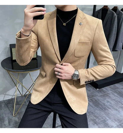 Deerskin Leather Jacket Blazer Men Casual Slim Fit Blazer Hombre Suit Leather Jacket Men Terno Masculino Men Clothing 6 Color