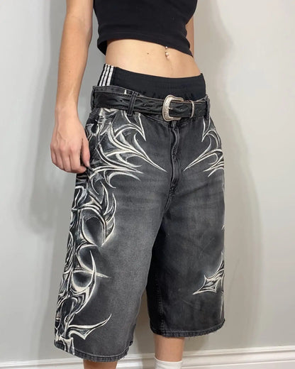 American Retro Gothic Halloween Geometry Graffiti Print Denim Shorts Men Women Y2k Low Waist Baggy Knee Length Jeans Jorts Short