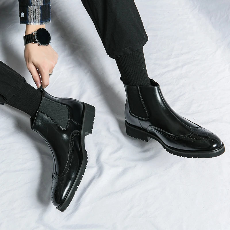 Luxury Men Brogue Boots Men's Ankle Boots High Quality Mens Chelsea Boots Slip on Oxford Formal Business Shoes Plus Size 38-46