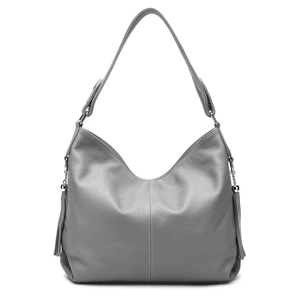 Elegant Beige Women Genuine Leather Handbag Hobo Bag Fashion Crossbody Tassel Big Capacity Shopper Tote Purse Sac Hot Sale