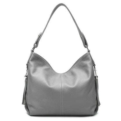 Elegant Beige Women Genuine Leather Handbag Hobo Bag Fashion Crossbody Tassel Big Capacity Shopper Tote Purse Sac Hot Sale