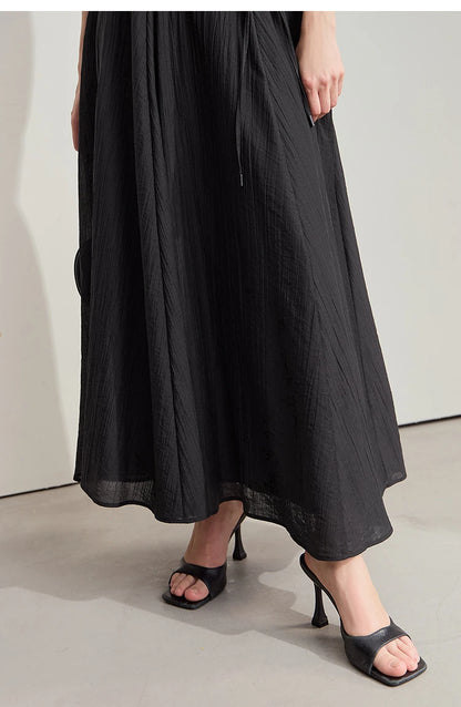 Minimalist New Summer Knee Length A-line Skirt Women Adjustable Drawstring Solid Color Commuting Style Loose Skirt 12522025