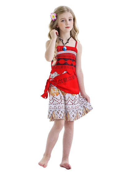 New Dress Girls Princess Clothes Kids Dress Up Vaiana Necklace Pig Chick Children Carnival Party Summer Costume Set 2-10T
