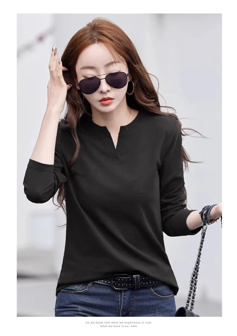 Spring and Autumn All Seasons Women's Long sleeved T-shirt Wine Red Pure Cotton New Fashion Large V-neck Slim fit Casual Top 3XL