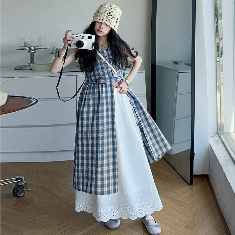 Summer Girls Retro Red Plaid Vest Dress 2-Piece Set Thin French Style Strappy Sundress Casual Vacation Outfit Teen Kids Clothes