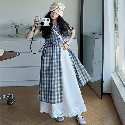 Summer Girls Retro Red Plaid Vest Dress 2-Piece Set Thin French Style Strappy Sundress Casual Vacation Outfit Teen Kids Clothes