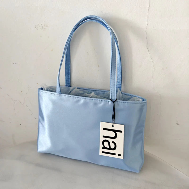 Luxury Premium Designer Elegant Womens Silk Satin Small Tote Solid Color Shoulder Underarm Purse Versatile Fashion Commuting Bag
