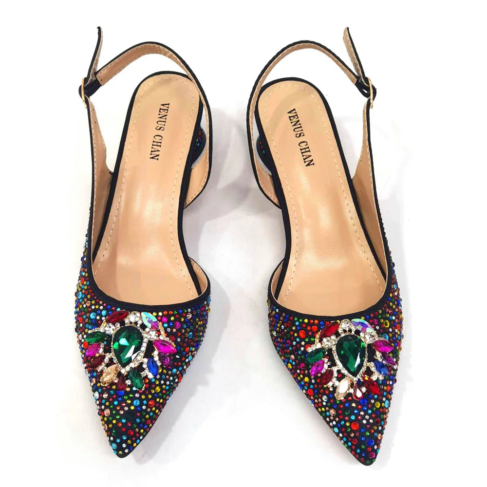 Royal Blue Sandals for Women 2024 Luxury Wedding Pumps Med Heels Rhinestone Design Party Shoes and Bags Set