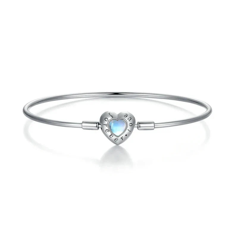 100% 925 Sterling Silver Forever Love Bright Heart Charms Bracelet for Women Cat Clasp Snake Chain Bangle Fine Jewelry