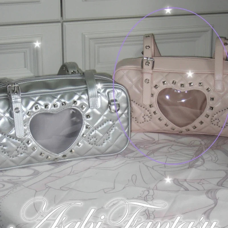 Pink Transparent Pocket Japanese Itabag Rivet Design Lolita Shoulder Bag PU Leather Harajuku Pain Bags Y2k Sweet Handbags Girls