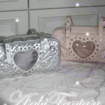 Pink Transparent Pocket Japanese Itabag Rivet Design Lolita Shoulder Bag PU Leather Harajuku Pain Bags Y2k Sweet Handbags Girls