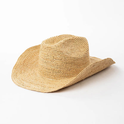 Hand-crocheted Natural Raffia Straw Cowboy Hat for Women Men Summer Wide Brim Sun Hat Outdoor Breathable Beach Caps