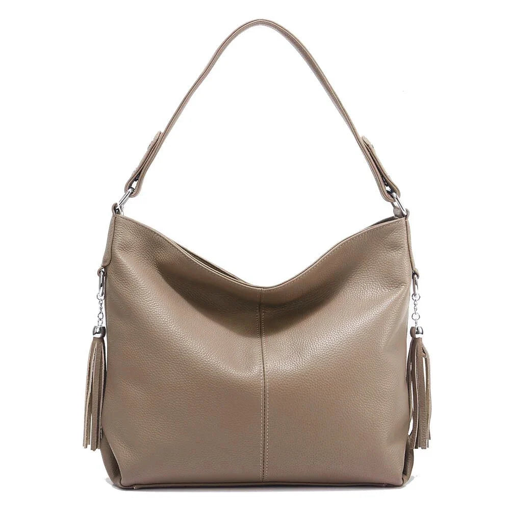 Elegant Beige Women Genuine Leather Handbag Hobo Bag Fashion Crossbody Tassel Big Capacity Shopper Tote Purse Sac Hot Sale