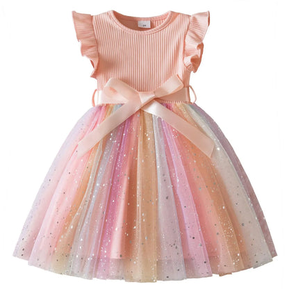 New Girls Dress for Sequins Birthday 1-5Y Toddler Girls Rainbow Tulle Dress Sweet Kids Princess Dress for Girls 2025 Summer Wear