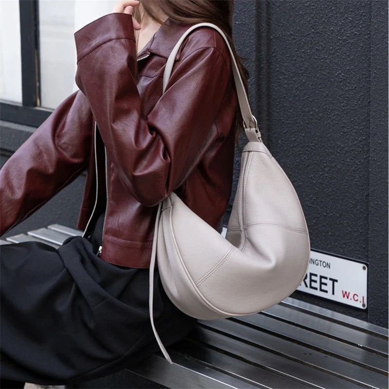 Slouchy Genuine Leather Hobo Bags For Women Luxury Cowhide Soft Crescent Shoulder Bag Crossbody Work Purses Handbags